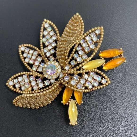 Liz Claiborne Vintage Crystal Flower Brooch - Gold/Amber/Diamanté, 3”x 2.5” - Picture 2 of 7